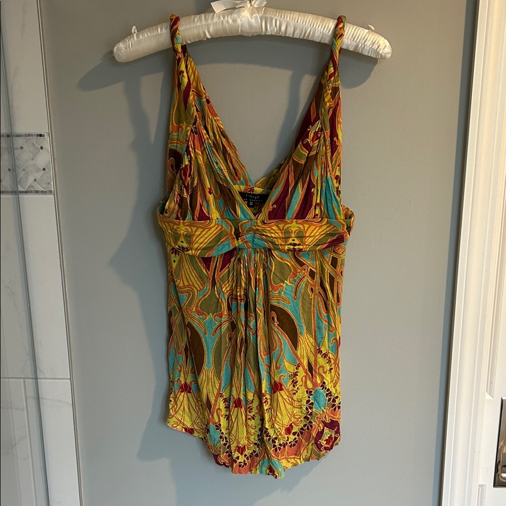 T-Bags Floral Paisley V-Neck Tank Top in Yellow, Teal and Brown